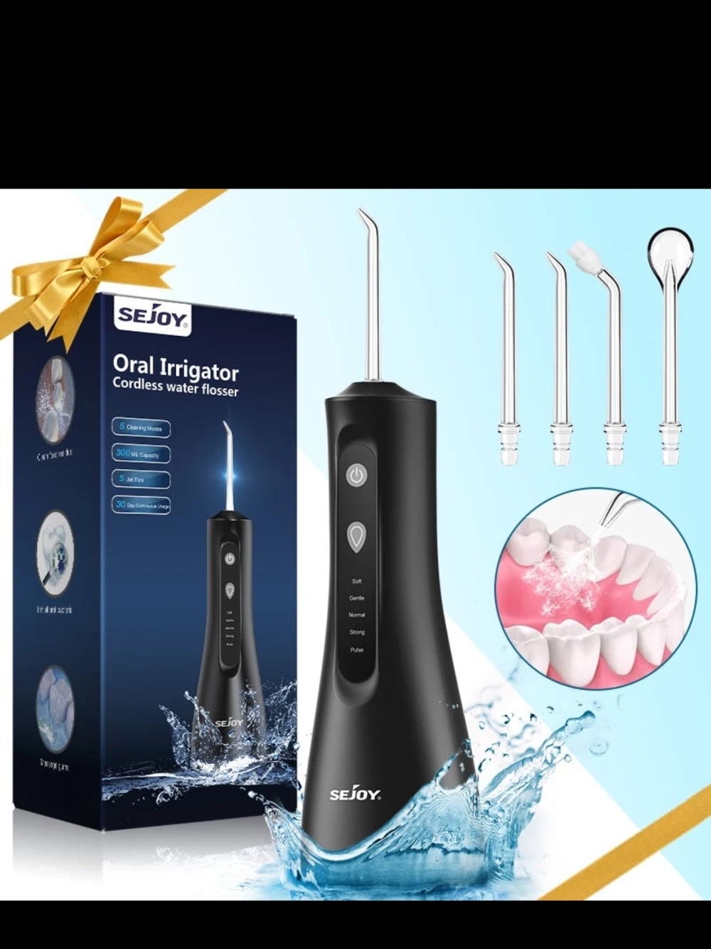 SEJOY Water Flosser Cordless 300ml Water Dental Flosser Oral Cleaner 5 Jet Tips